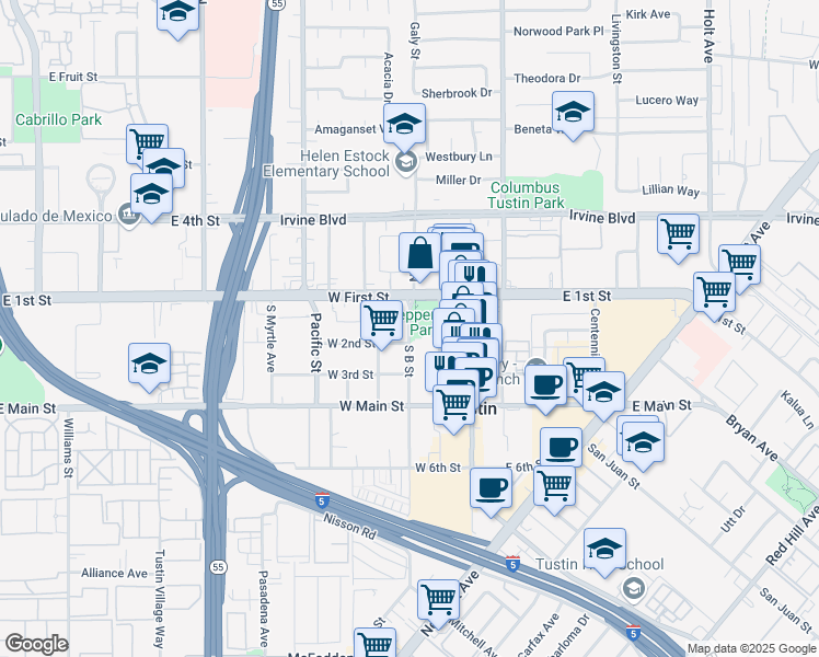 map of restaurants, bars, coffee shops, grocery stores, and more near 225 South A Street in Tustin