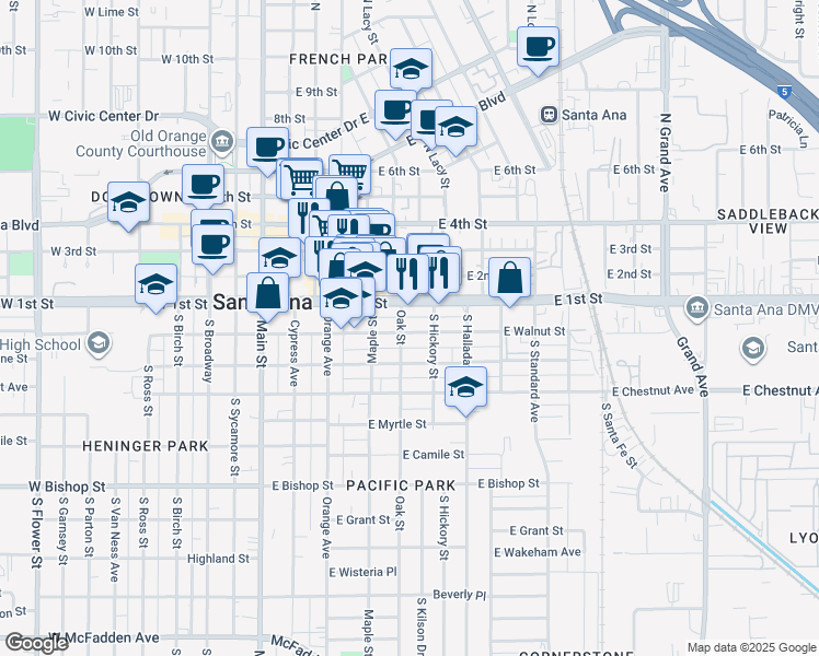 map of restaurants, bars, coffee shops, grocery stores, and more near 208 Oak Street in Santa Ana
