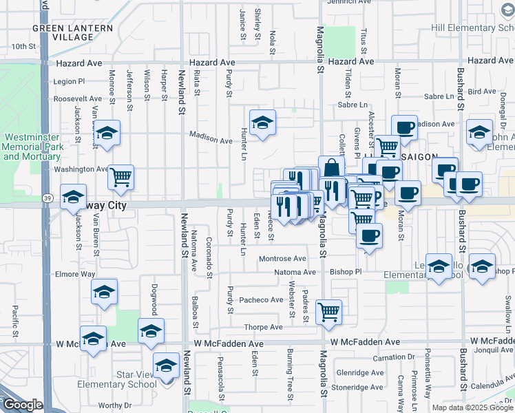 map of restaurants, bars, coffee shops, grocery stores, and more near 15041 Eden Street in Westminster