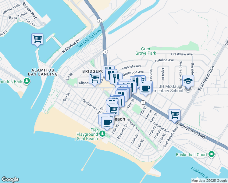 map of restaurants, bars, coffee shops, grocery stores, and more near 302 8th Street in Seal Beach