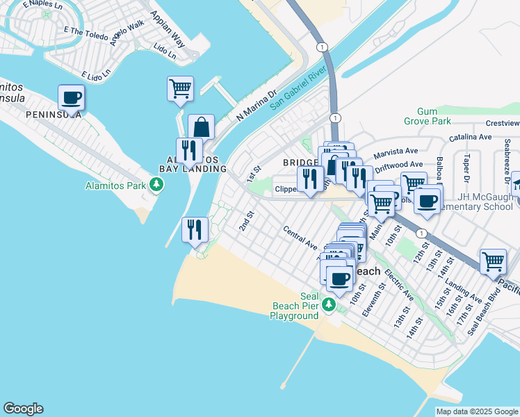 map of restaurants, bars, coffee shops, grocery stores, and more near 302 Central Avenue in Seal Beach