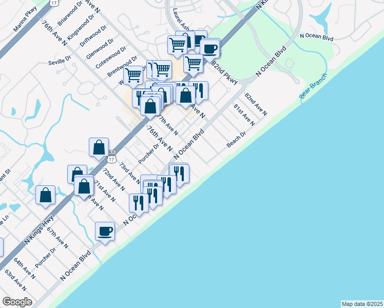 map of restaurants, bars, coffee shops, grocery stores, and more near 201 77th Avenue North in Myrtle Beach