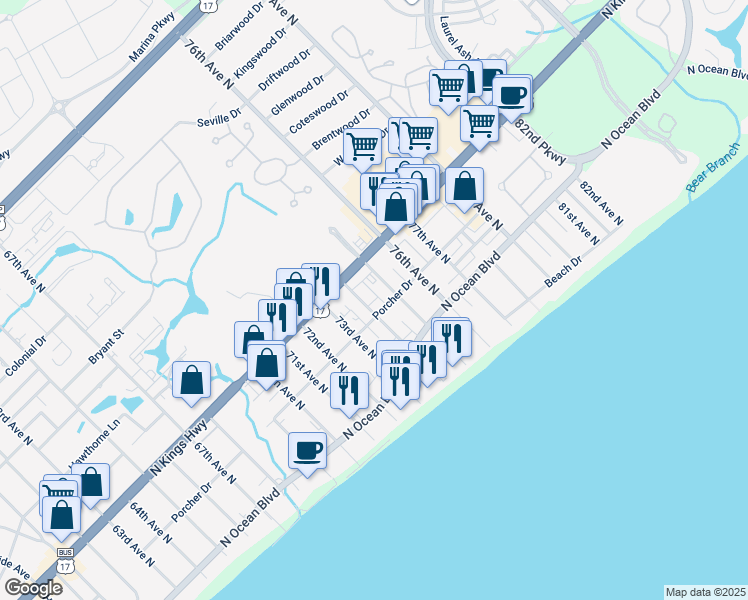 map of restaurants, bars, coffee shops, grocery stores, and more near 311 75th Avenue North in Myrtle Beach