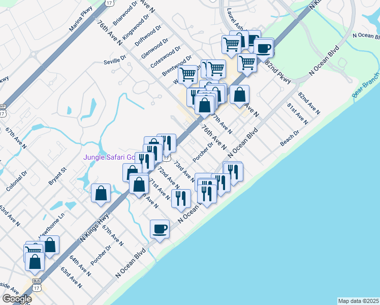map of restaurants, bars, coffee shops, grocery stores, and more near 311 75th Avenue North in Myrtle Beach