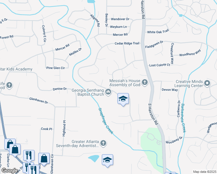 map of restaurants, bars, coffee shops, grocery stores, and more near 4210 Cedar Ridge Trail in Stone Mountain