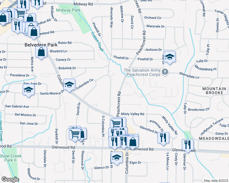 map of restaurants, bars, coffee shops, grocery stores, and more near 1651 Peachcrest Road in Decatur