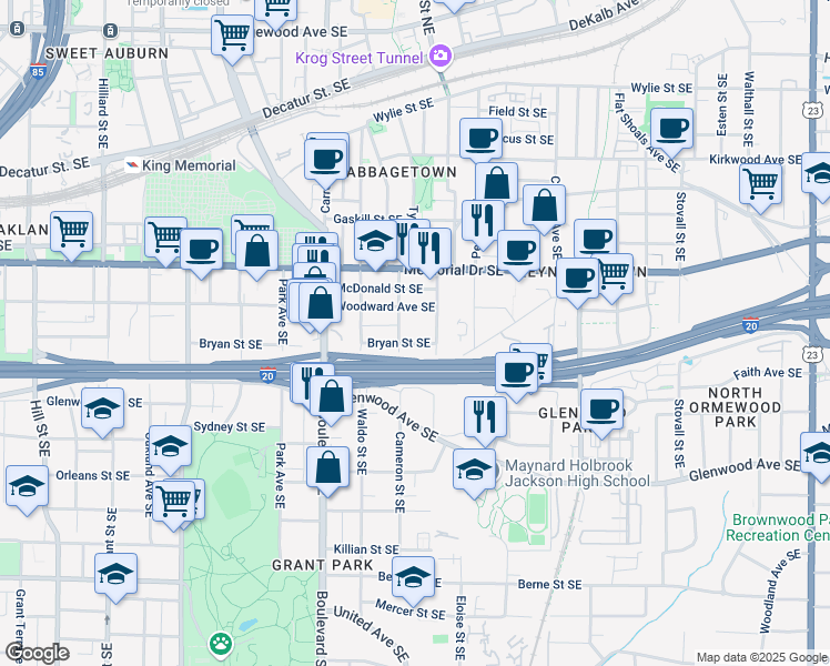 map of restaurants, bars, coffee shops, grocery stores, and more near 705 Bryan Street Southeast in Atlanta