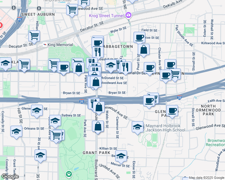 map of restaurants, bars, coffee shops, grocery stores, and more near 653 Bryan Street Southeast in Atlanta