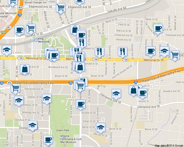 map of restaurants, bars, coffee shops, grocery stores, and more near 653 Bryan Street Southeast in Atlanta