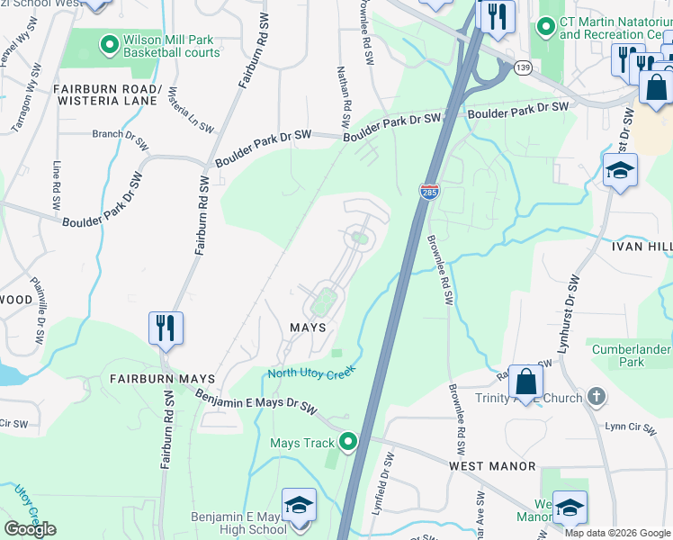 map of restaurants, bars, coffee shops, grocery stores, and more near 588 Lofty Lane in Atlanta