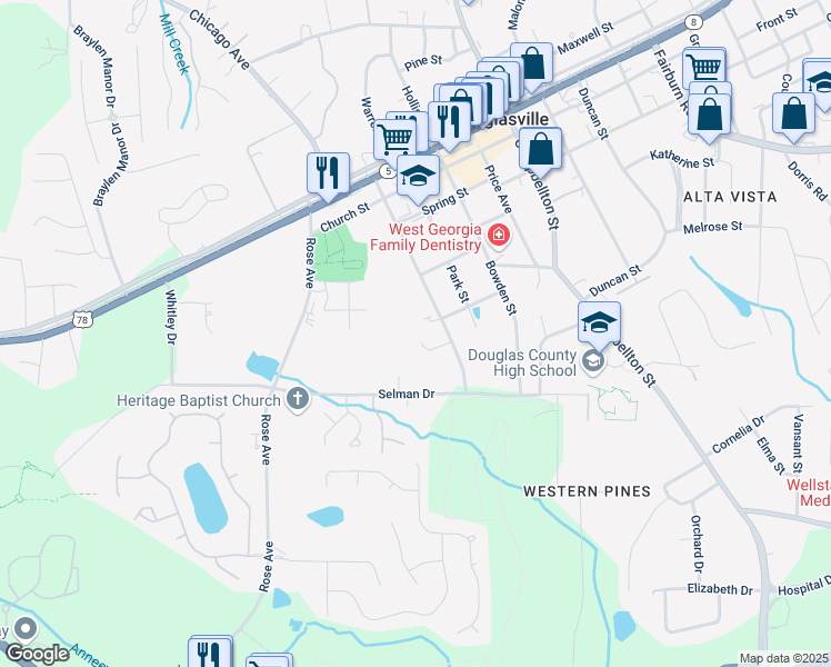 map of restaurants, bars, coffee shops, grocery stores, and more near 6788 Oakhurst Court in Douglasville