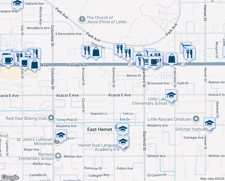 map of restaurants, bars, coffee shops, grocery stores, and more near 41531 Acacia East Avenue in Hemet