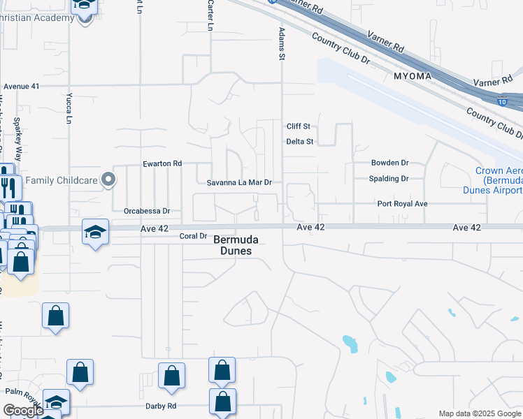 map of restaurants, bars, coffee shops, grocery stores, and more near 78650 Avenue 42 in Bermuda Dunes