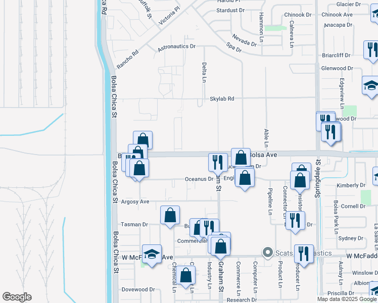 map of restaurants, bars, coffee shops, grocery stores, and more near 5343 Bolsa Avenue in Huntington Beach