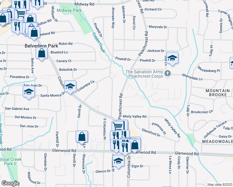 map of restaurants, bars, coffee shops, grocery stores, and more near 1651 Peachcrest Road in Decatur