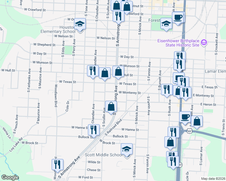 map of restaurants, bars, coffee shops, grocery stores, and more near 816 West Monterey Street in Denison