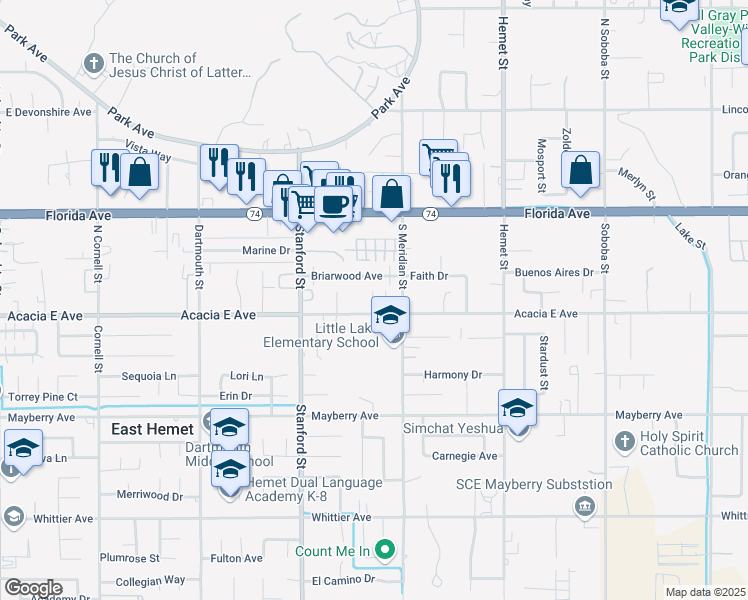 map of restaurants, bars, coffee shops, grocery stores, and more near 41900 Acacia East Avenue in Hemet