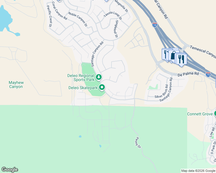 map of restaurants, bars, coffee shops, grocery stores, and more near 11266 Hutton Road in Corona