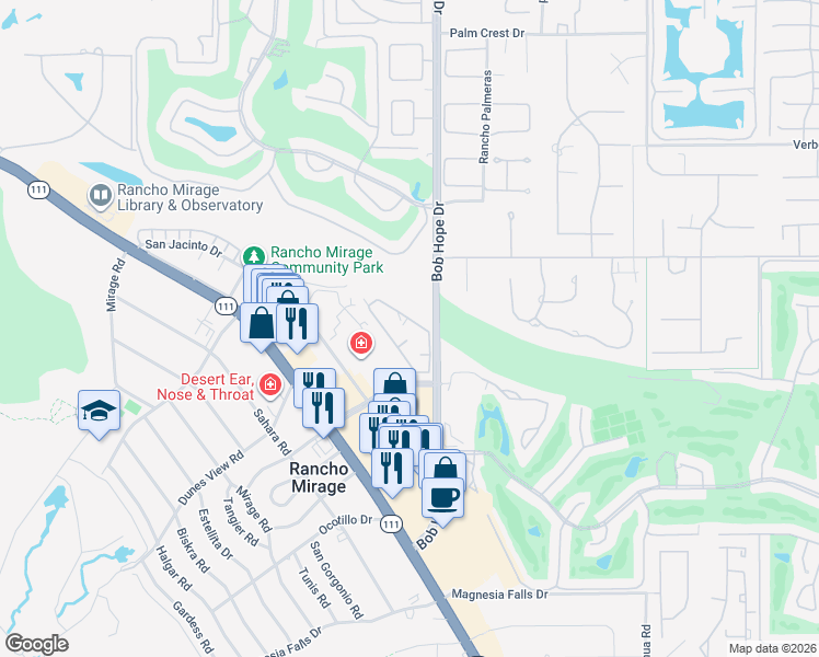 map of restaurants, bars, coffee shops, grocery stores, and more near 71922 Eleanora Lane in Rancho Mirage
