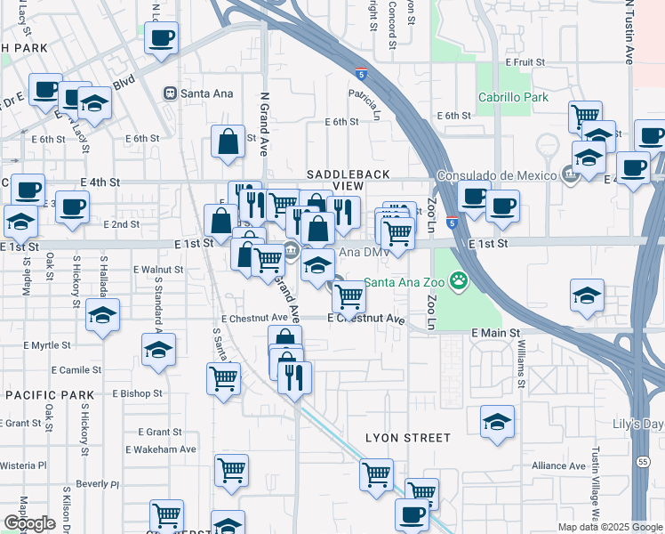 map of restaurants, bars, coffee shops, grocery stores, and more near 1440 East 1st Street in Santa Ana