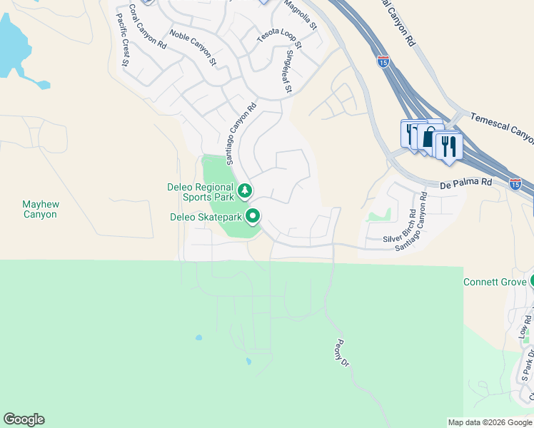 map of restaurants, bars, coffee shops, grocery stores, and more near 11266 Hutton Road in Corona