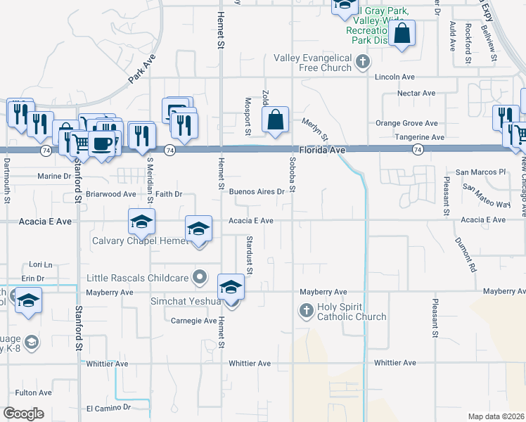 map of restaurants, bars, coffee shops, grocery stores, and more near 42397 Santiago Drive in Hemet