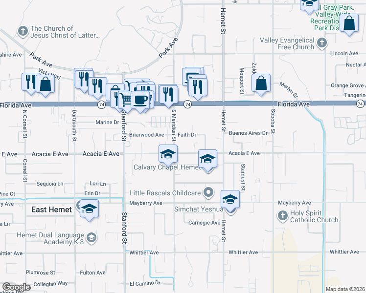 map of restaurants, bars, coffee shops, grocery stores, and more near 42040 Acacia East Avenue in Hemet