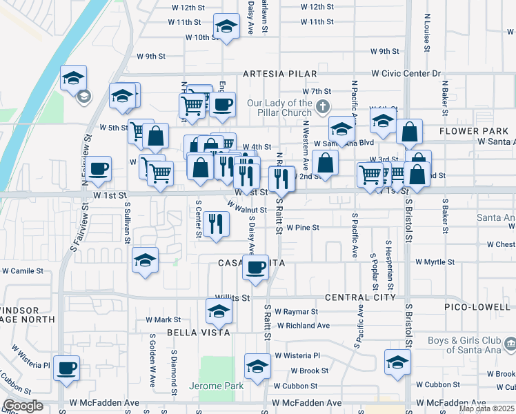 map of restaurants, bars, coffee shops, grocery stores, and more near 117 South Daisy Avenue in Santa Ana