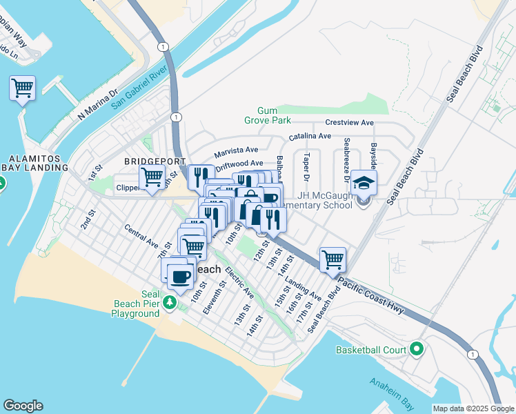 map of restaurants, bars, coffee shops, grocery stores, and more near 1065 Pacific Coast Highway in Seal Beach