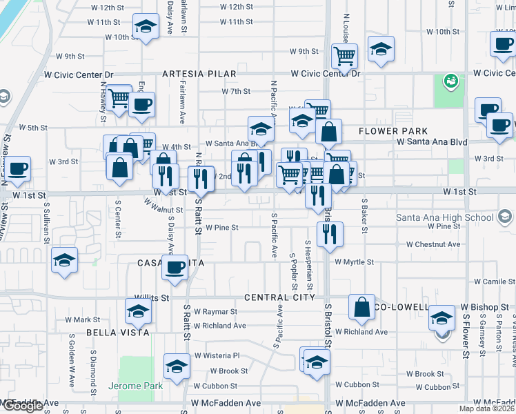 map of restaurants, bars, coffee shops, grocery stores, and more near 1570 West 1st Street in Santa Ana