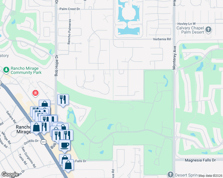 map of restaurants, bars, coffee shops, grocery stores, and more near 2 Clancy Lane South in Rancho Mirage