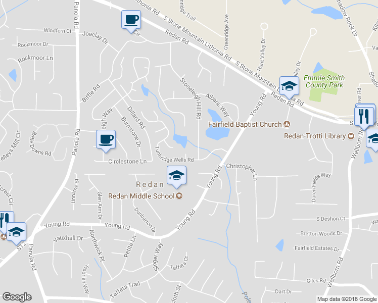 map of restaurants, bars, coffee shops, grocery stores, and more near 1600 Dillwood Court in Lithonia