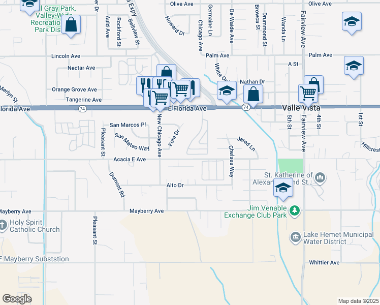 map of restaurants, bars, coffee shops, grocery stores, and more near 43601 East Florida Avenue in Hemet