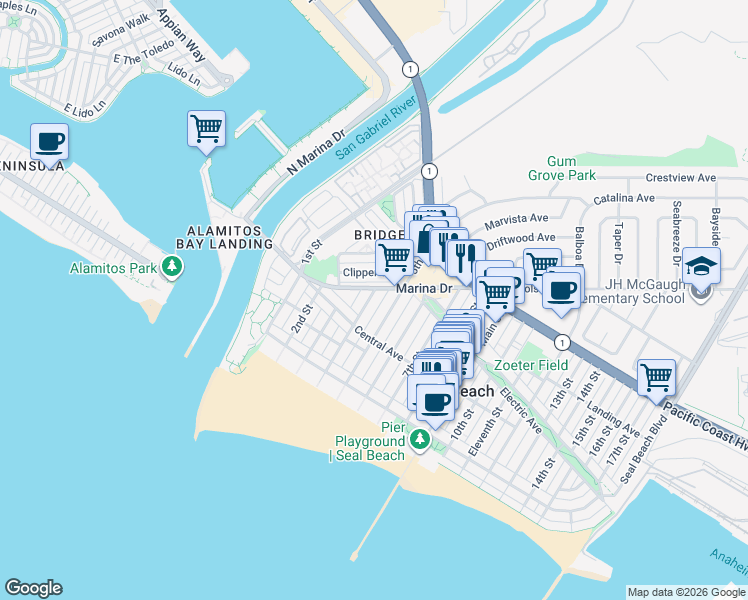 map of restaurants, bars, coffee shops, grocery stores, and more near 228 4th Street in Seal Beach