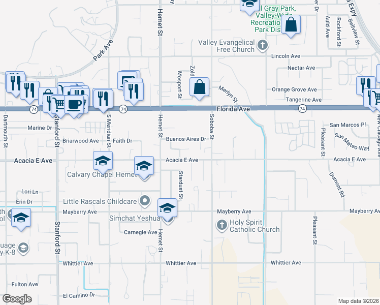 map of restaurants, bars, coffee shops, grocery stores, and more near 42397 Santiago Drive in Hemet