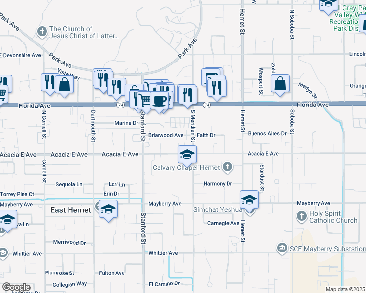 map of restaurants, bars, coffee shops, grocery stores, and more near 41960 Acacia East Avenue in Hemet