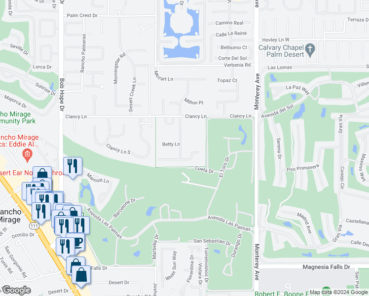 map of restaurants, bars, coffee shops, grocery stores, and more near 41770 Rancho Manana Lane in Rancho Mirage