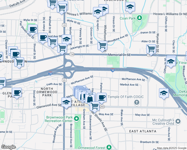 map of restaurants, bars, coffee shops, grocery stores, and more near 1326 McPherson Avenue Southeast in Atlanta