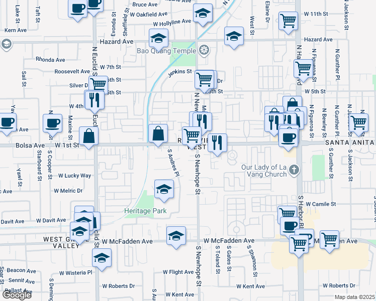 map of restaurants, bars, coffee shops, grocery stores, and more near 4518 West 1st Street in Santa Ana