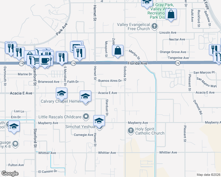 map of restaurants, bars, coffee shops, grocery stores, and more near 42383 Santiago Drive in Hemet