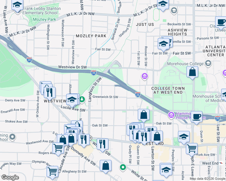 map of restaurants, bars, coffee shops, grocery stores, and more near 405 Atwood Street Southwest in Atlanta