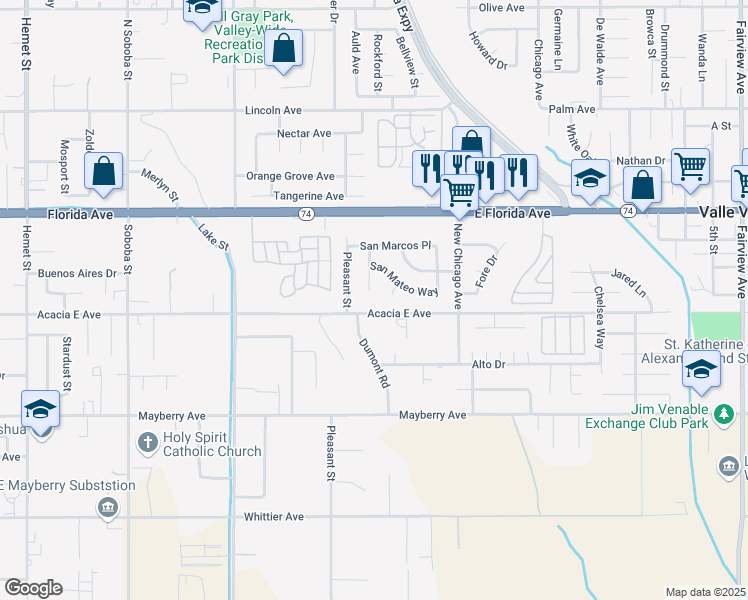 map of restaurants, bars, coffee shops, grocery stores, and more near 25970 San Marino Lane in Hemet
