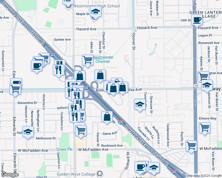 map of restaurants, bars, coffee shops, grocery stores, and more near in Westminster