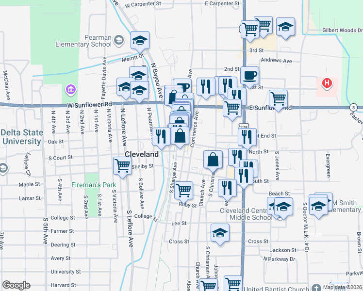 map of restaurants, bars, coffee shops, grocery stores, and more near 129 South Sharpe Avenue in Cleveland