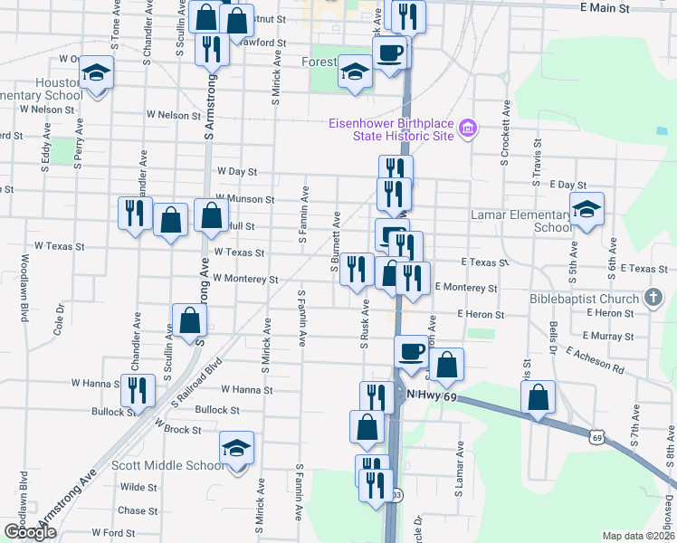 map of restaurants, bars, coffee shops, grocery stores, and more near 319 West Monterey Street in Denison