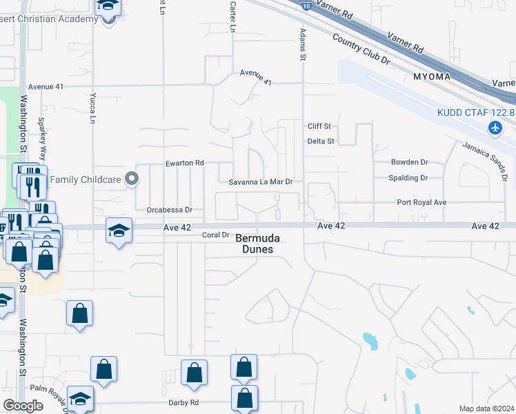 map of restaurants, bars, coffee shops, grocery stores, and more near 78650 Avenue 42 in Bermuda Dunes