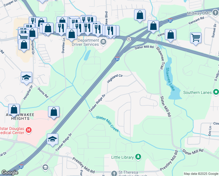 map of restaurants, bars, coffee shops, grocery stores, and more near 4516 Timber Ridge Drive in Douglasville