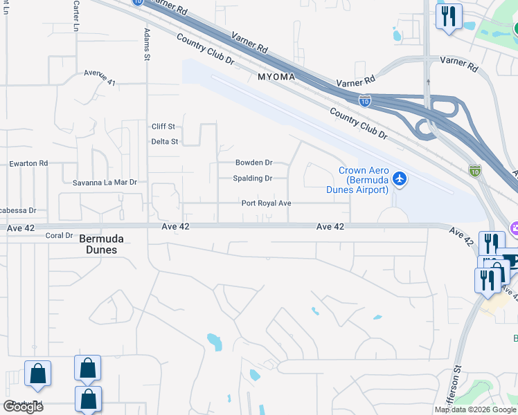 map of restaurants, bars, coffee shops, grocery stores, and more near 79340 Avenue 42 in Bermuda Dunes