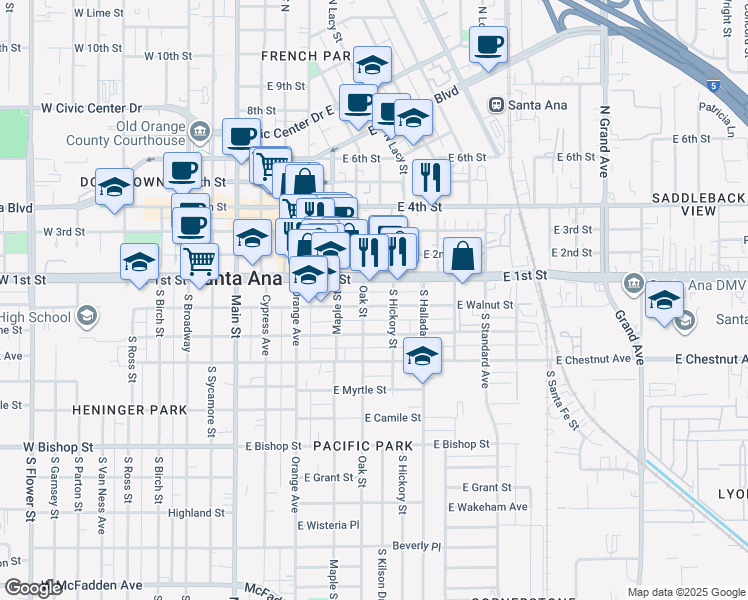 map of restaurants, bars, coffee shops, grocery stores, and more near 520 East Walnut Street in Santa Ana