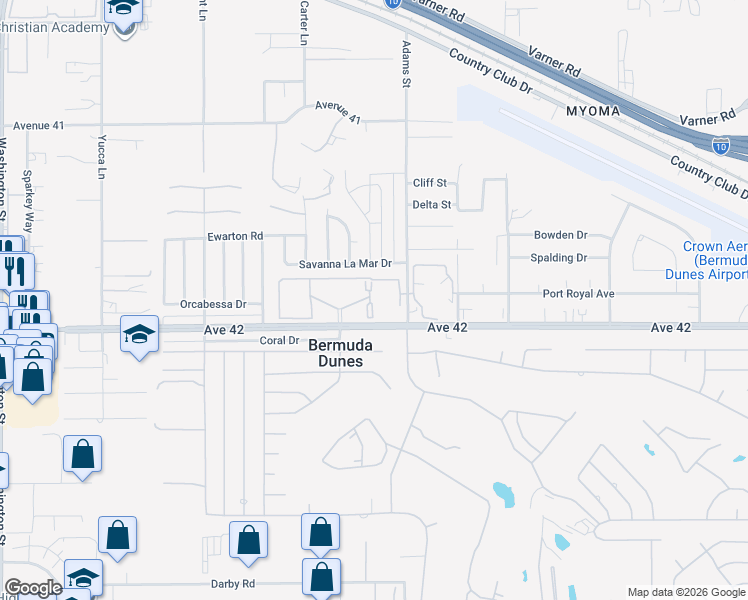 map of restaurants, bars, coffee shops, grocery stores, and more near 78650 Avenue 42 in Bermuda Dunes
